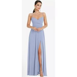 NWT! Lovely LB036 Sky Blue Chiffon Wrap Bodice Maxi Dress Front Slit Sz 2